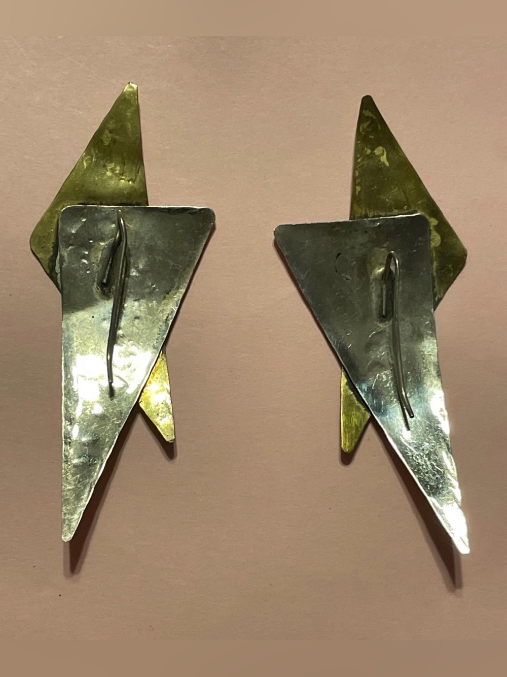Vintage Sterling Silver Brass Modernist Pierced Shooting Star Earrings #9517 💎 - Picture 4 of 8